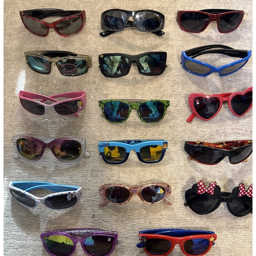Lot of 17 Kids Sunglasses: Batman, Cinderella, Super Mario,Minecraft, MinnyMouse